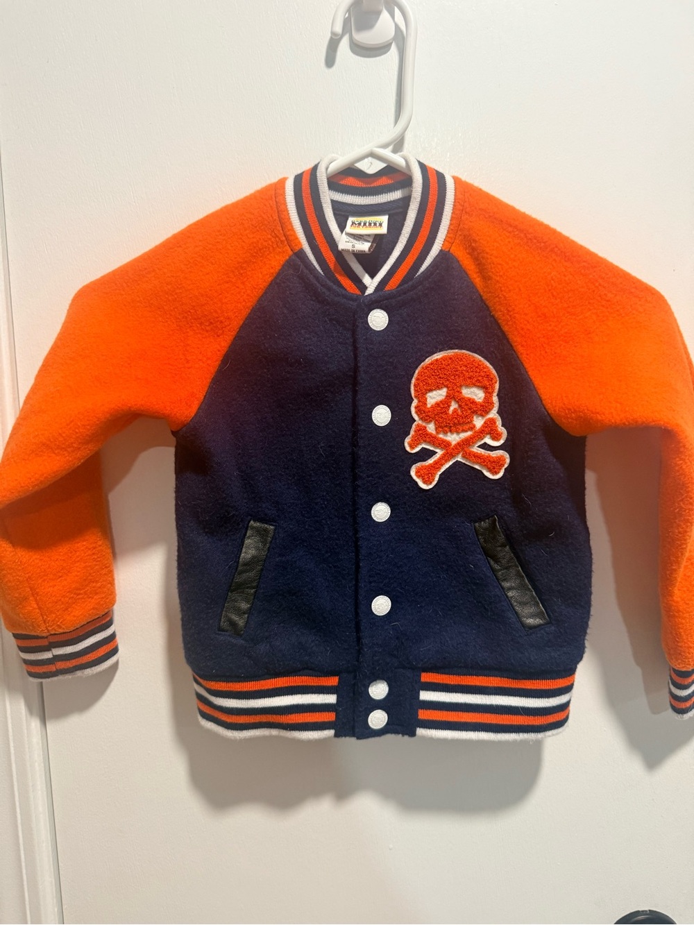 Harajuku Lovers Navy and Orange Kids Varsity Jacket with Skull Patch